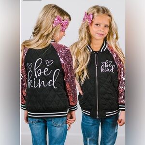 Girls Black Bomber Jacket Pink Sequin Sleeves Be Kind Graphic Sparkly Sm NIP
